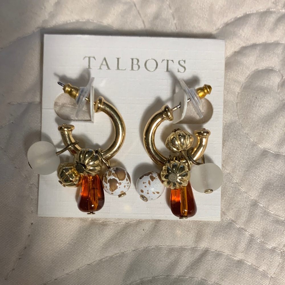 Talbots Gold Hoop Earrings with Amber Drop and Frosted White Beads